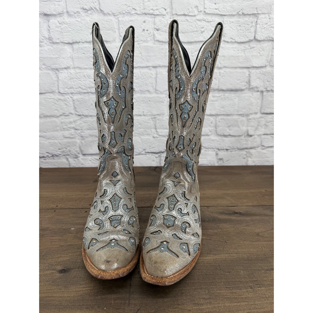 J.B. Dillon Bellflower Women's 8B Silver Leather Western Boots Blue Rhinestone - Picture 3 of 15